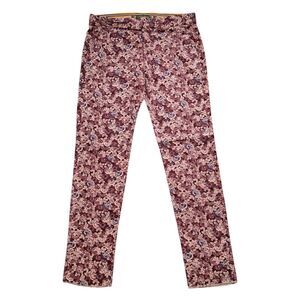 Mens 36 Burgundy Cream Floral Velvet Gurkha Pants High Waist Flat Front Trousers
